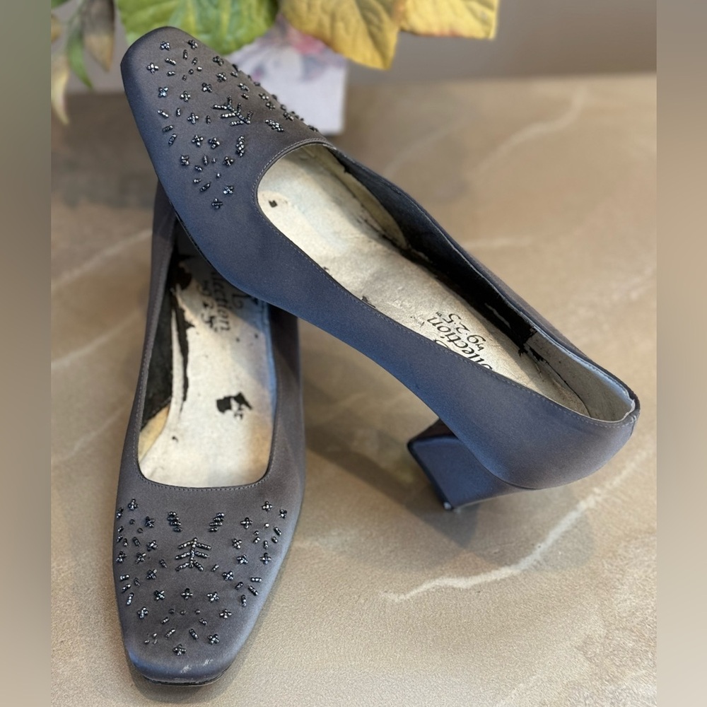 925,PM Collection,Women’s,Size 7M,Dark Grey Sateen,2.5” Block Heels.Vintage,GUC
